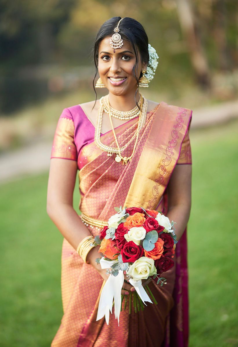 Christian bridal saree with bouquet